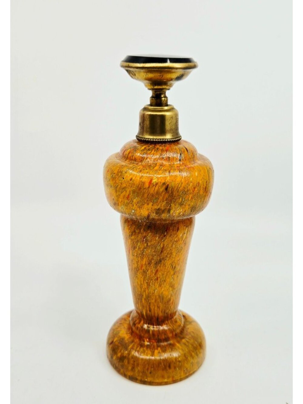 Vintage Czech Bohemian Art Glass Perfume Bottle With Brass Accents & Black/Gold